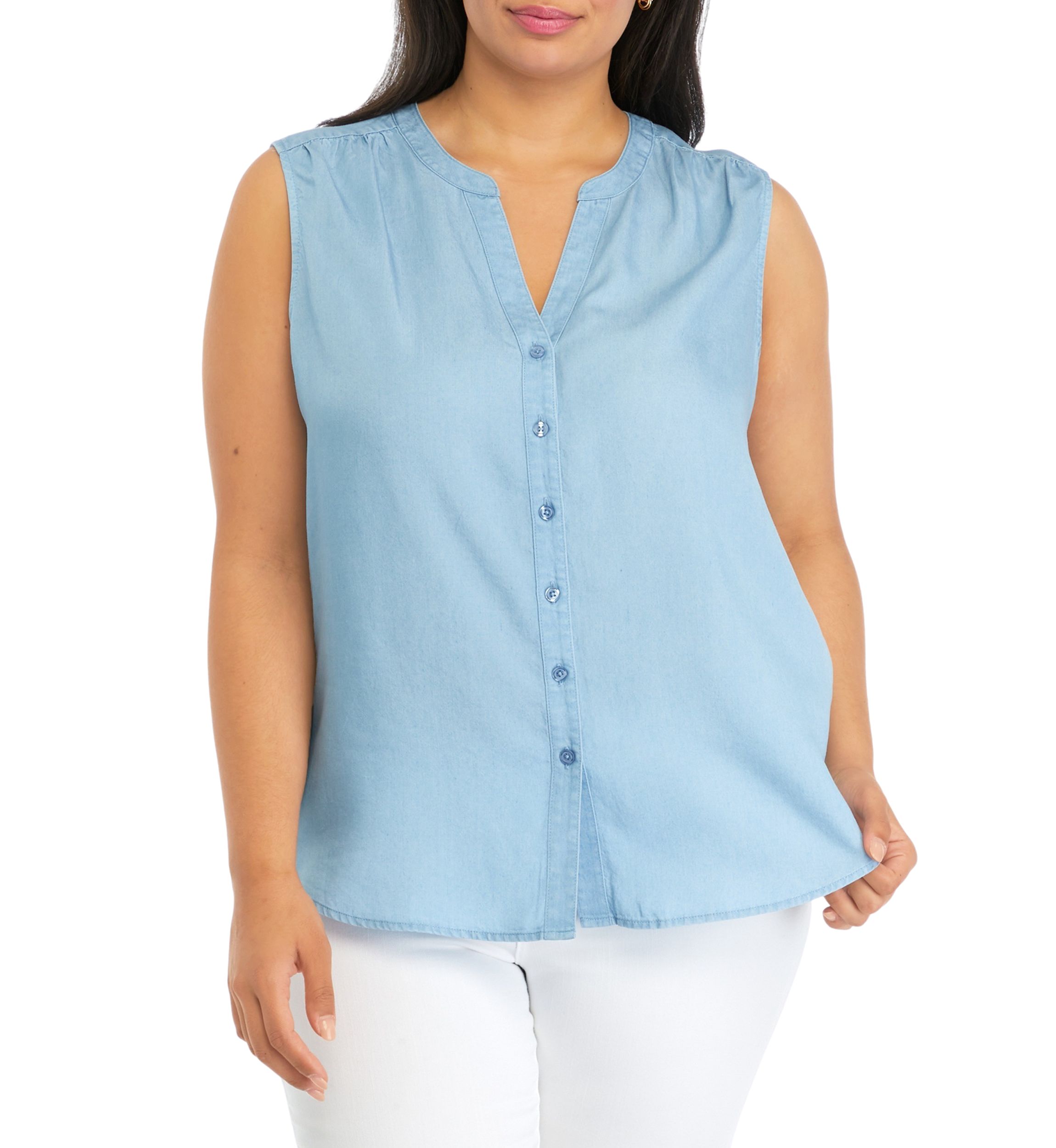 Plus Size Sleeveless Light Wash Chambray Woven Shirt 