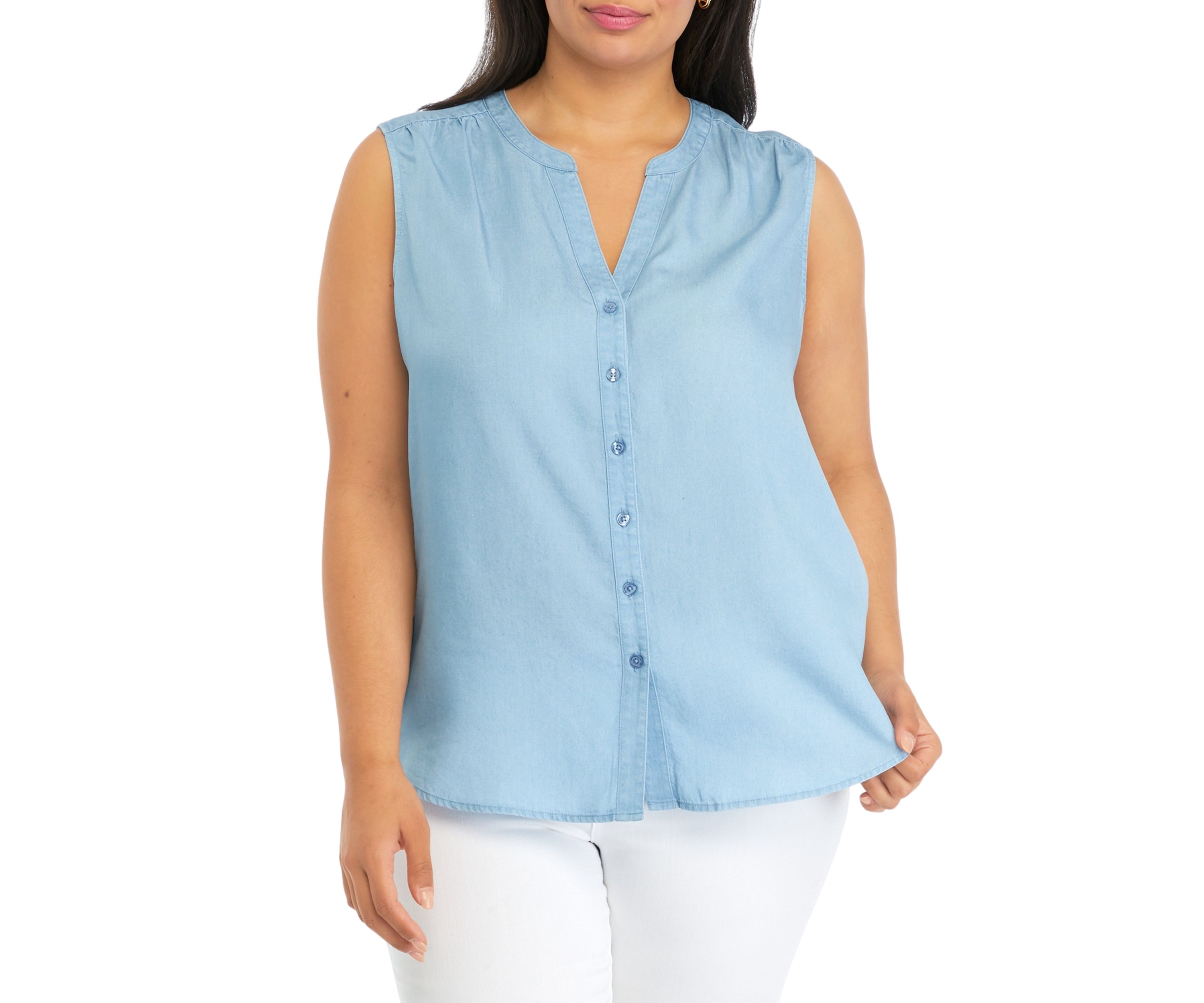 Plus Size Sleeveless Light Wash Chambray Woven Shirt 
