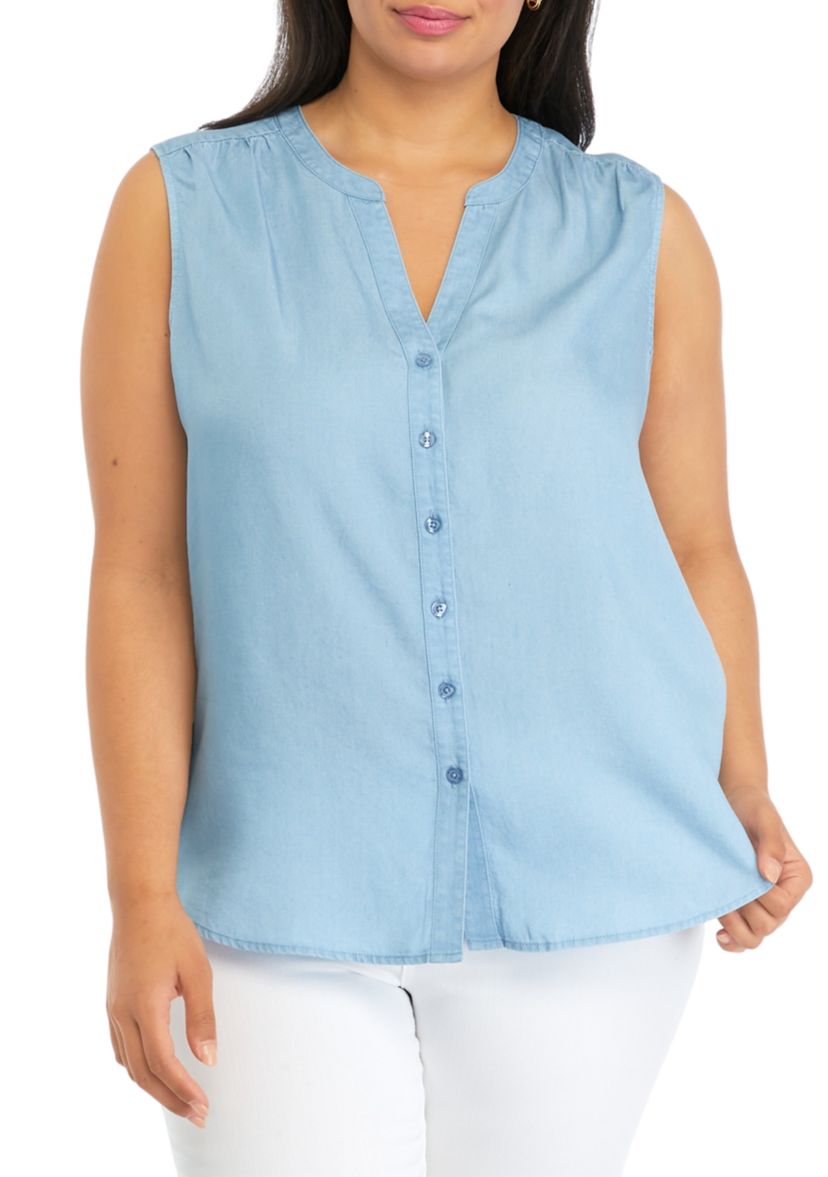 Plus Size Sleeveless Light Wash Chambray Woven Shirt 