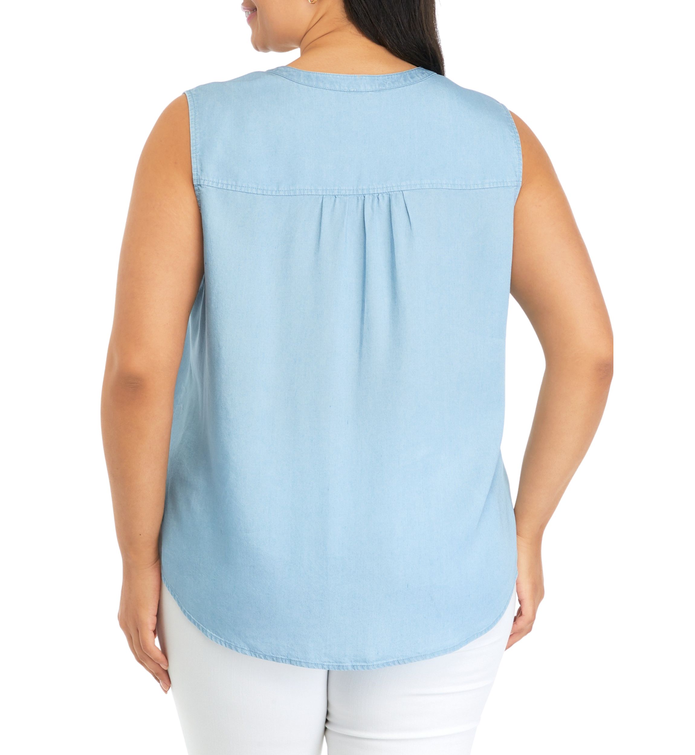 Plus Size Sleeveless Light Wash Chambray Woven Shirt 