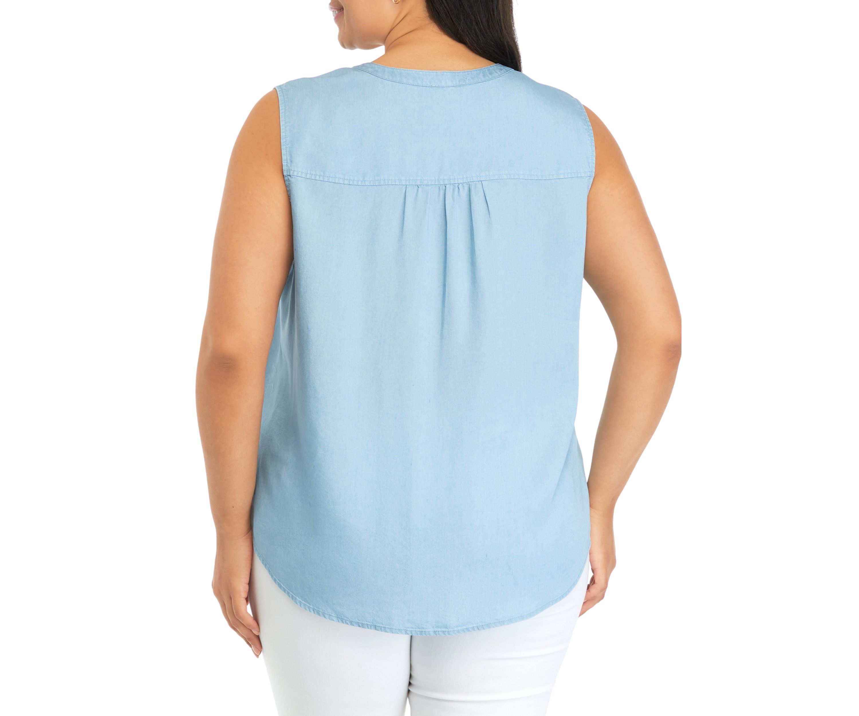 Plus Size Sleeveless Light Wash Chambray Woven Shirt 
