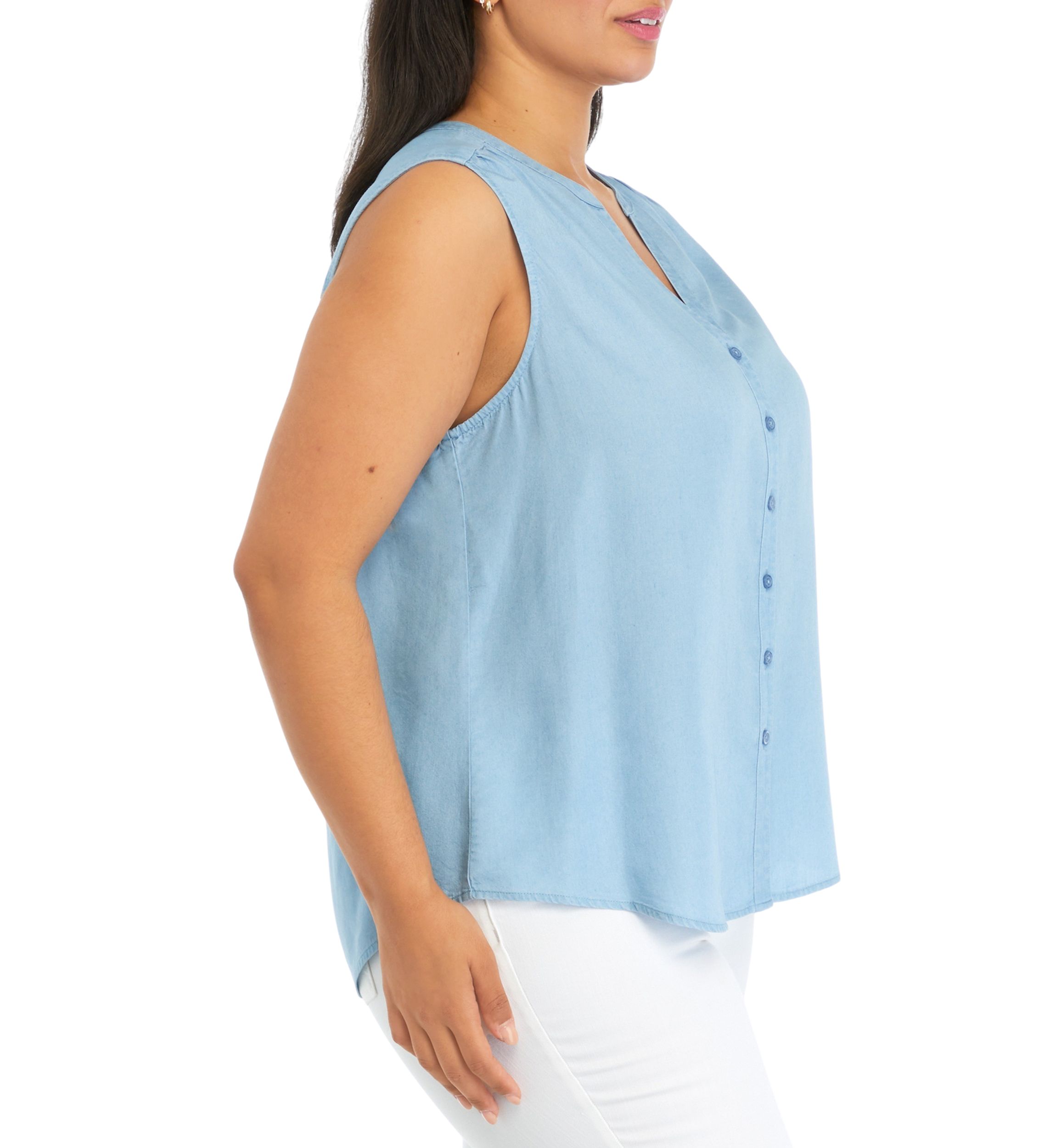 Plus Size Sleeveless Light Wash Chambray Woven Shirt 