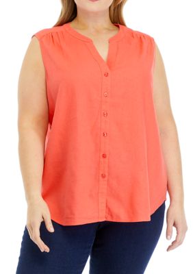 Kim Rogers Women's Plus Size Sleeveless Woven Linen Blouse, Coral, 3X