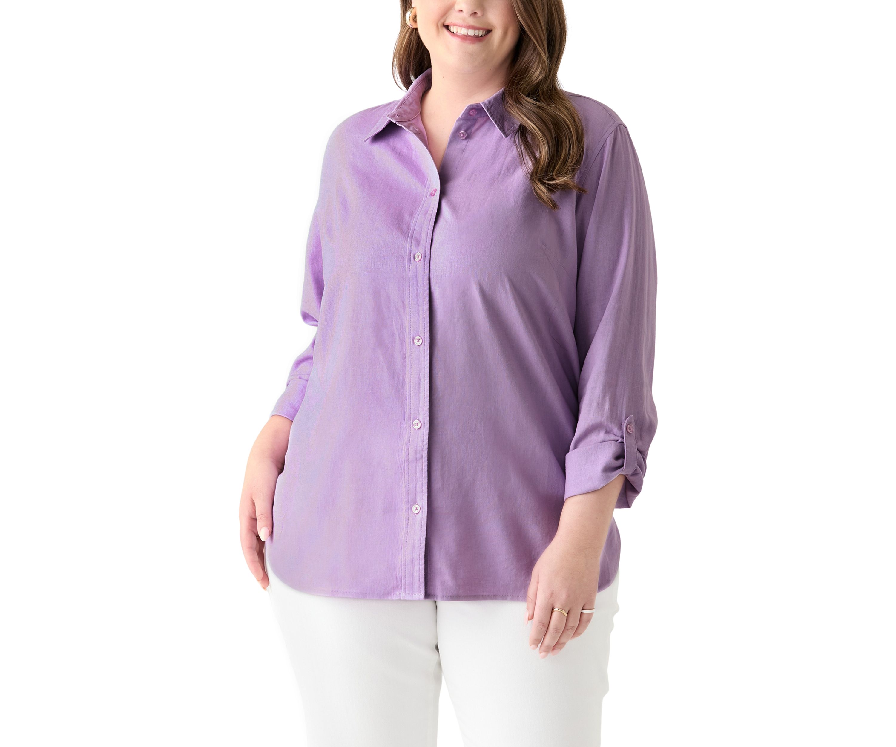 Plus Size Long Sleeve Linen Blend Shirt