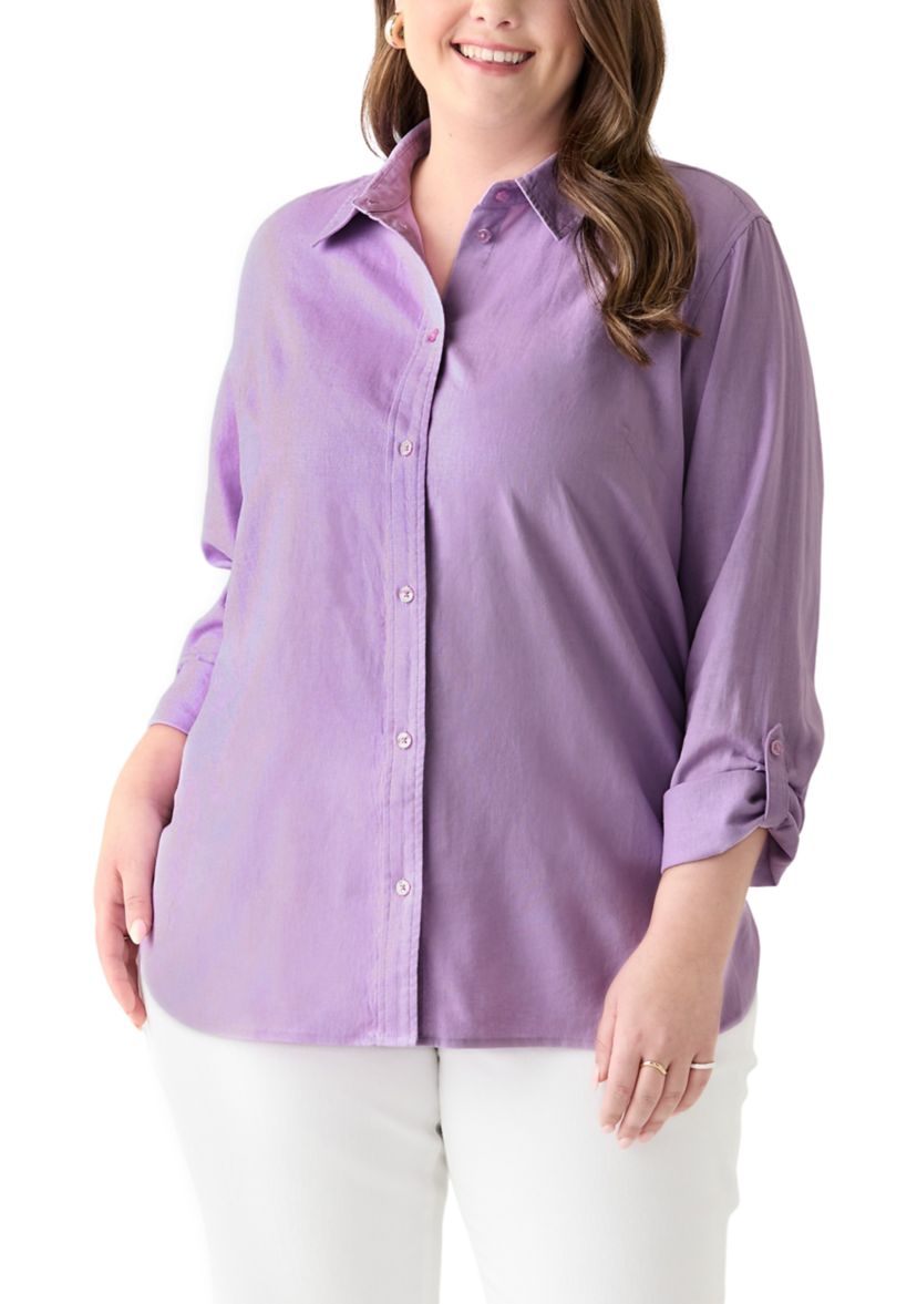 Plus Size Long Sleeve Linen Blend Shirt