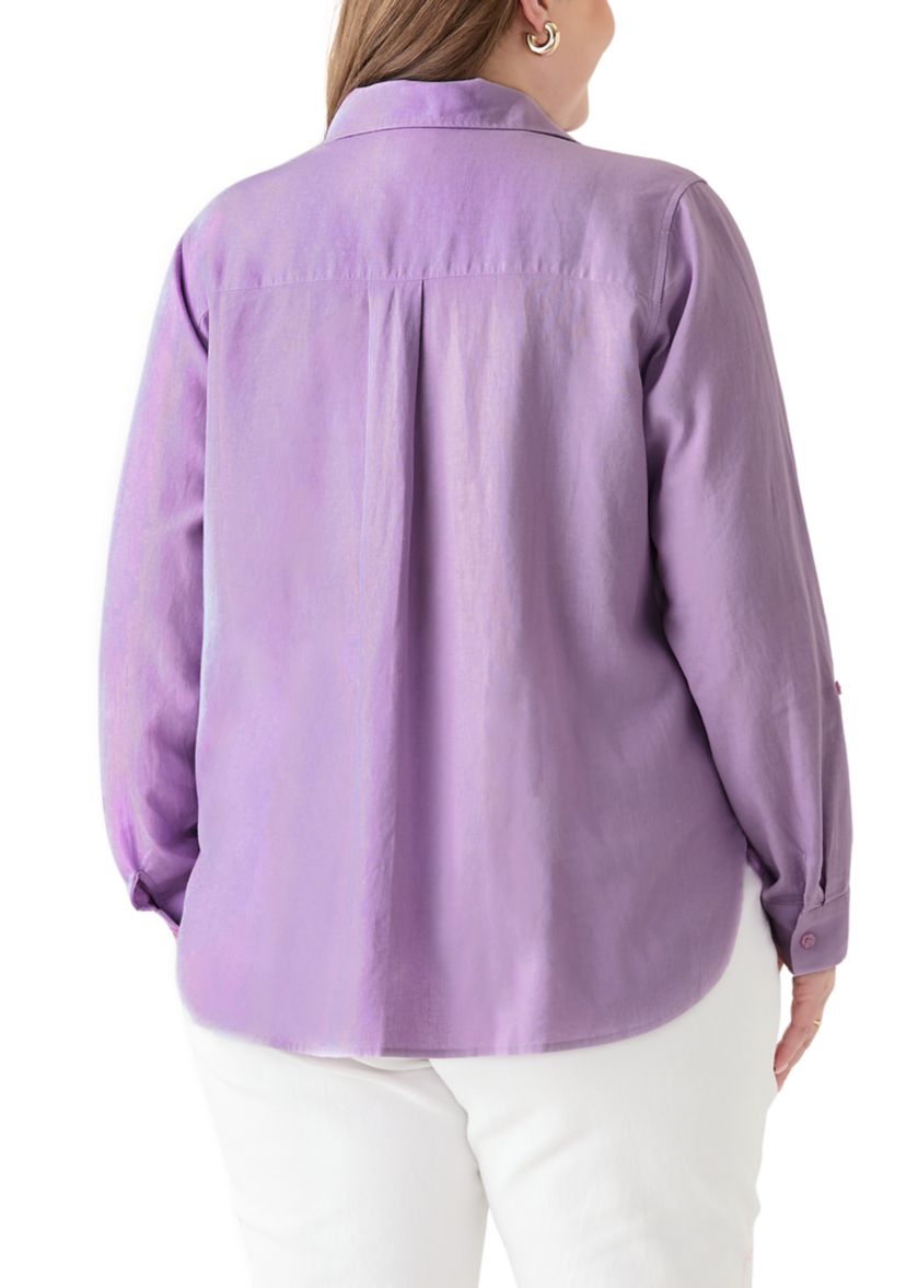 Plus Size Long Sleeve Linen Blend Shirt