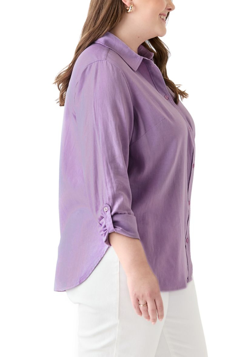 Plus Size Long Sleeve Linen Blend Shirt
