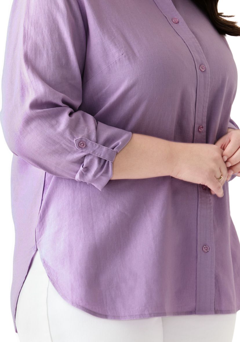 Plus Size Long Sleeve Linen Blend Shirt