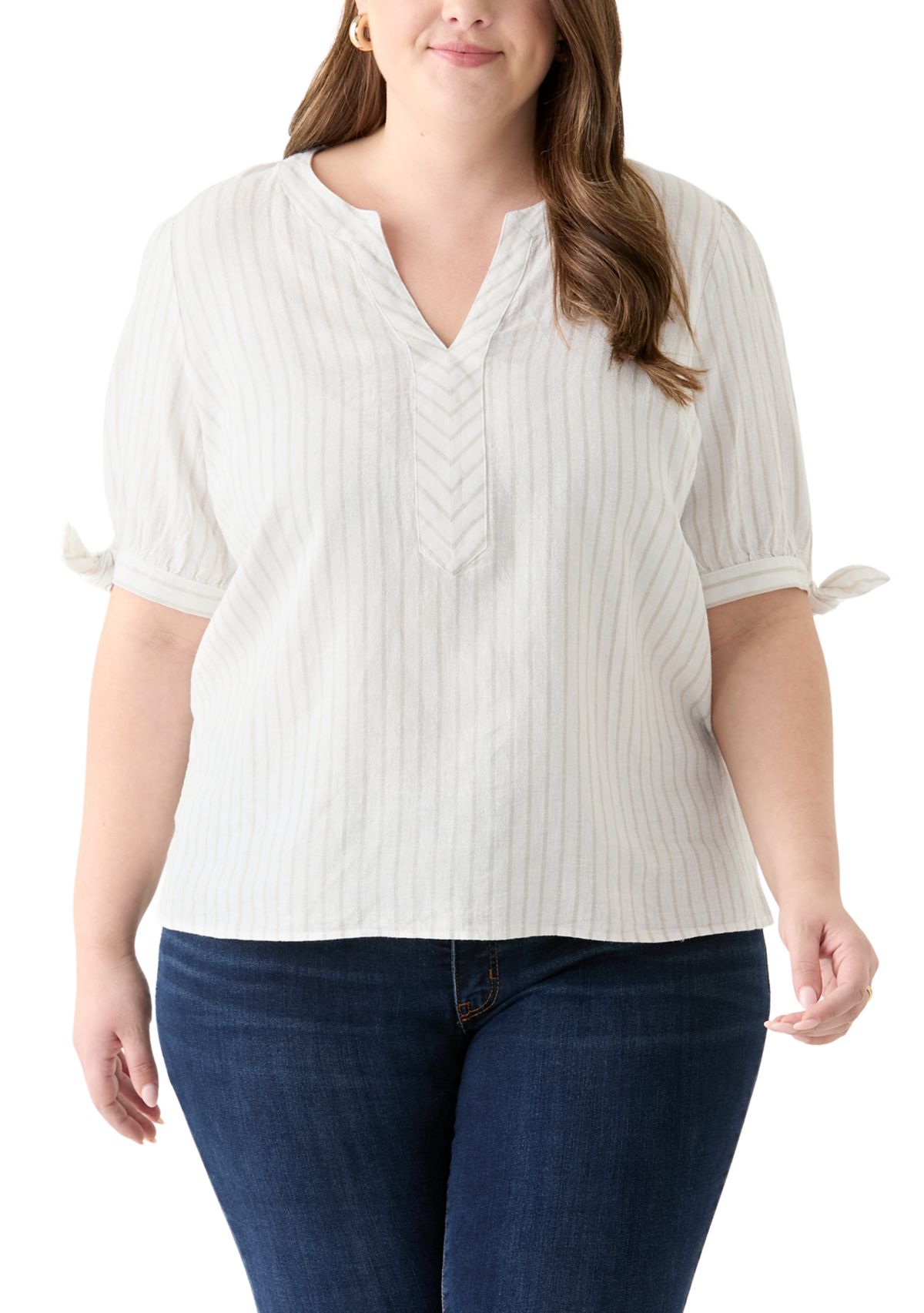 Plus Size Elbow Sleeve Tie Detail Linen Top 