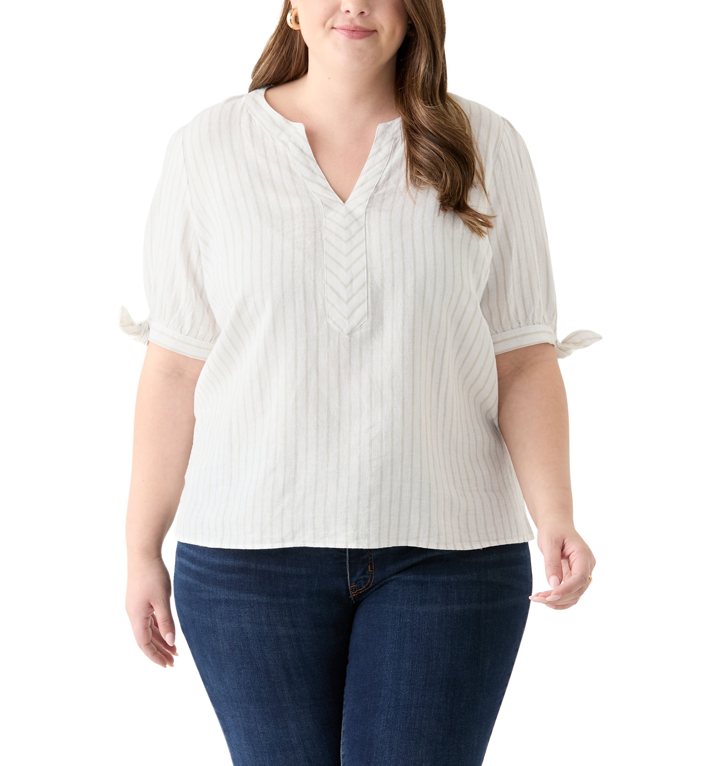 Plus Size Elbow Sleeve Tie Detail Linen Top 
