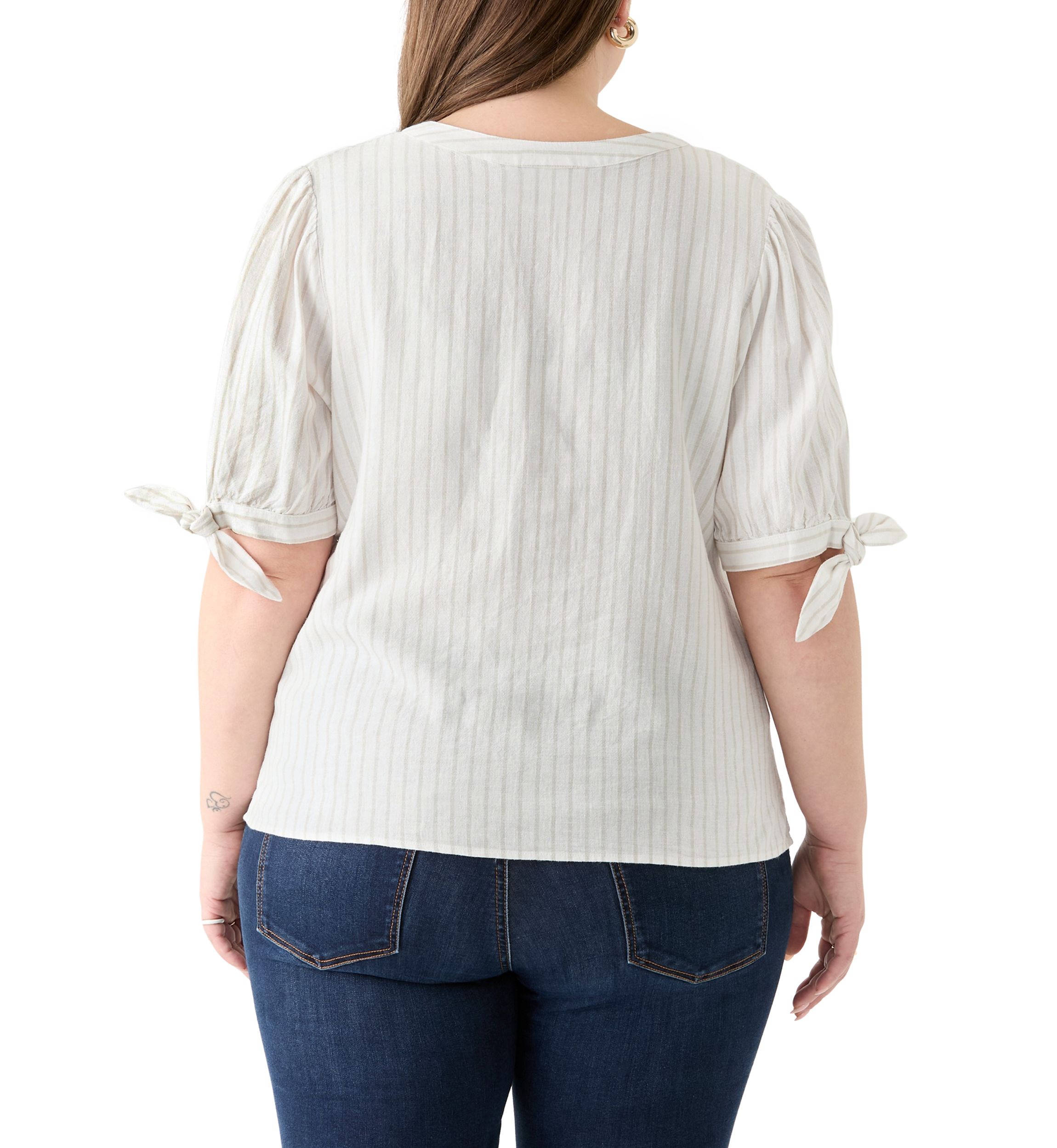 Plus Size Elbow Sleeve Tie Detail Linen Top 