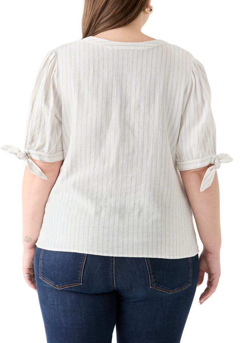 Plus Size Elbow Sleeve Tie Detail Linen Top 