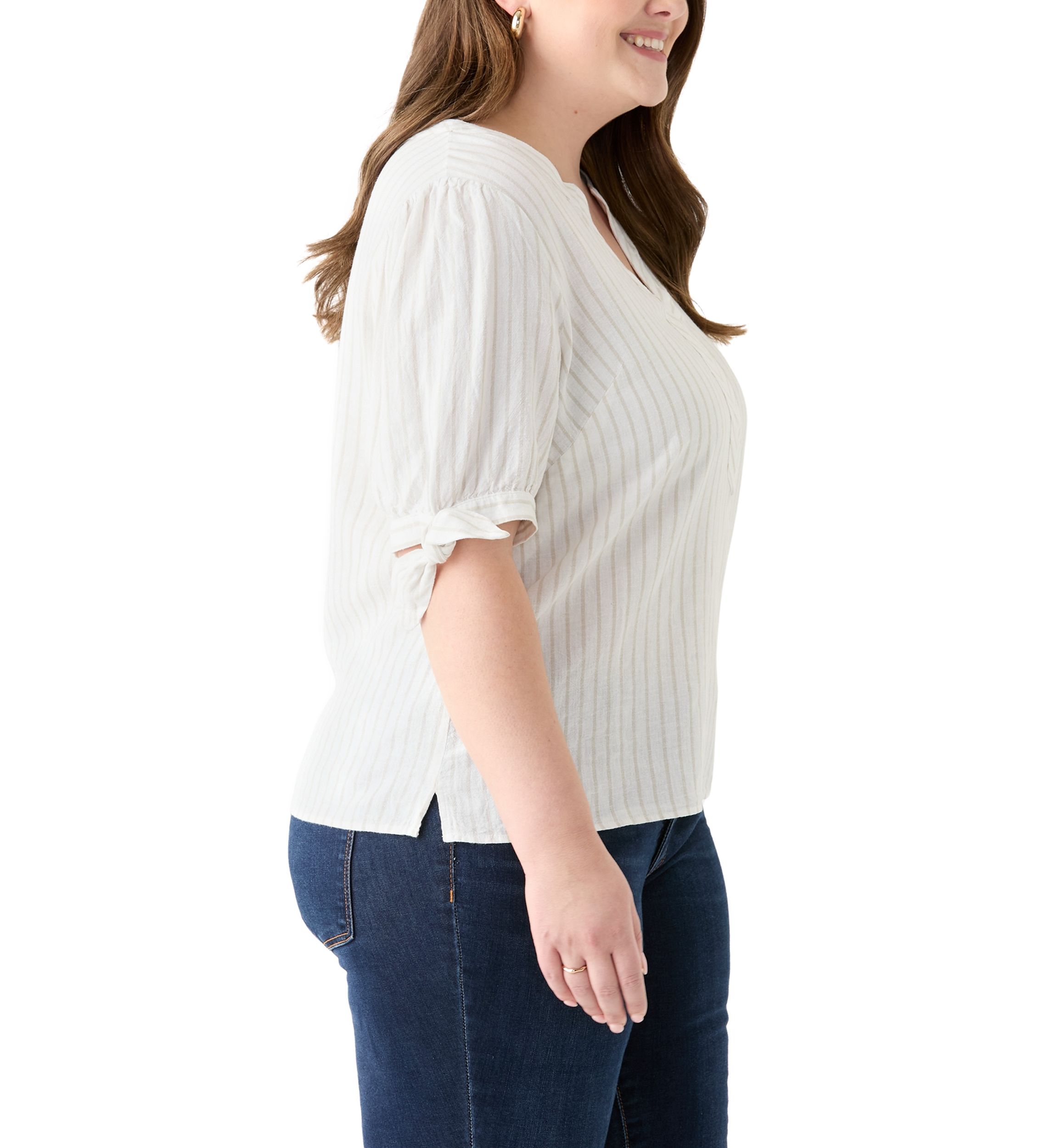 Plus Size Elbow Sleeve Tie Detail Linen Top 