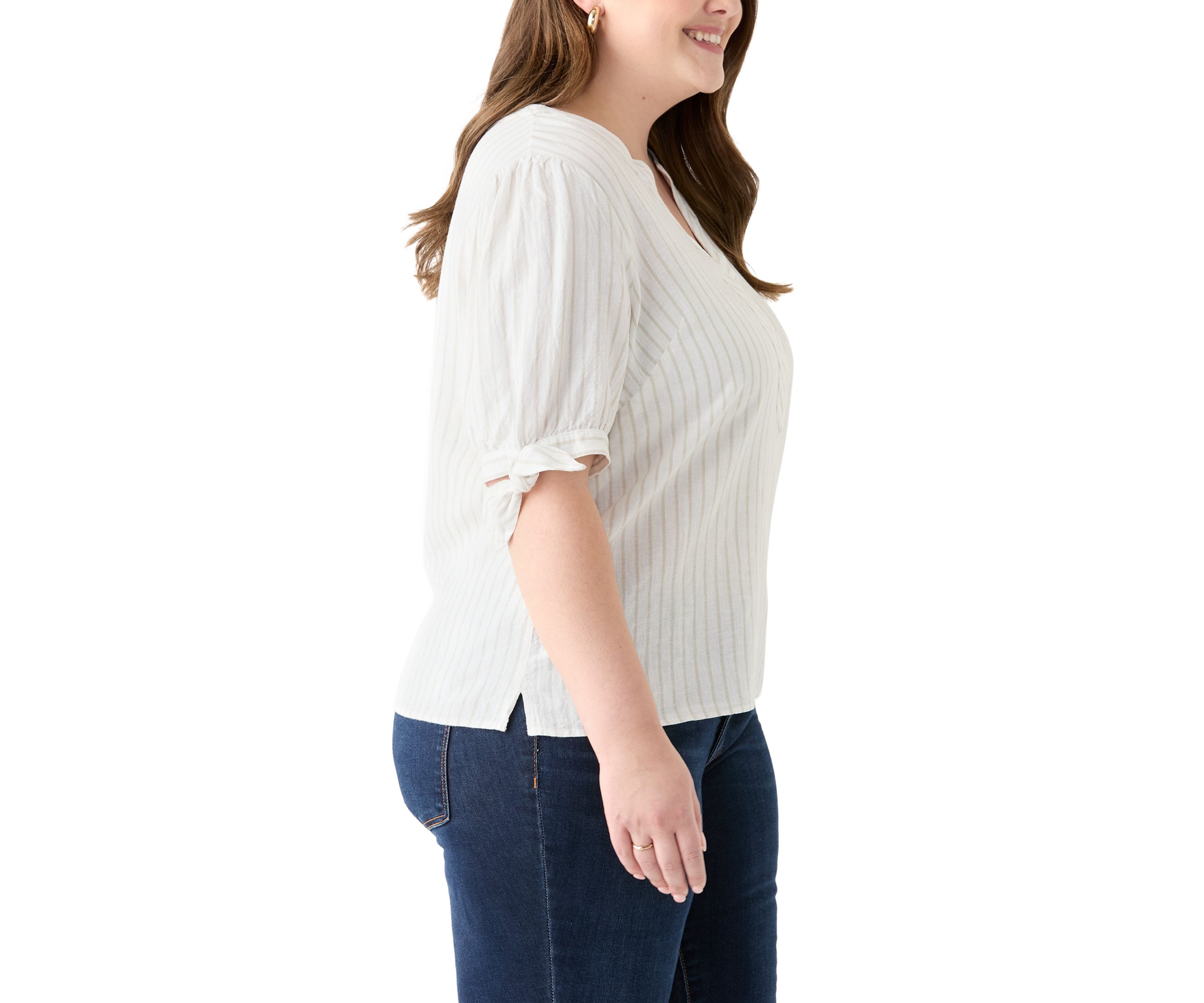 Plus Size Elbow Sleeve Tie Detail Linen Top 