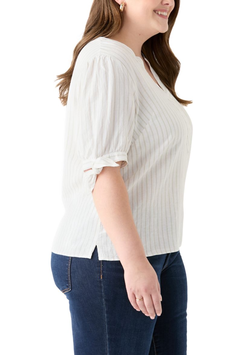 Plus Size Elbow Sleeve Tie Detail Linen Top 
