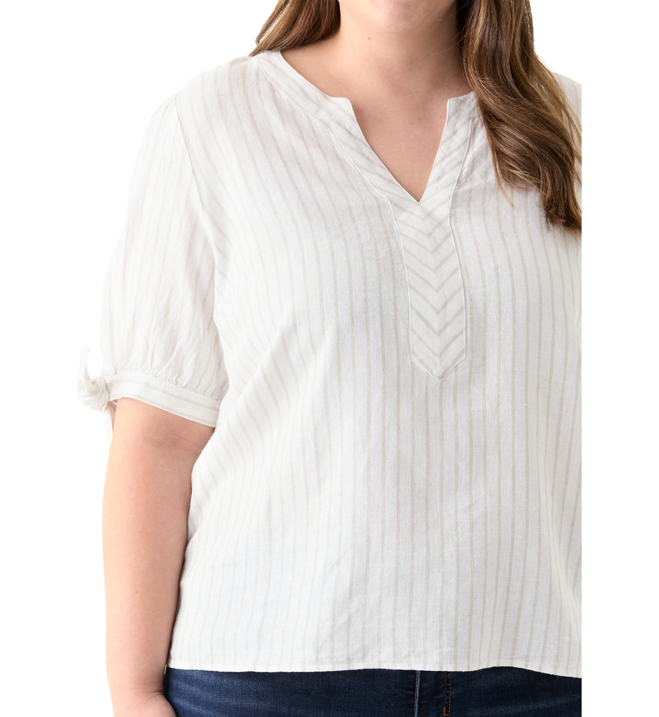 Plus Size Elbow Sleeve Tie Detail Linen Top 