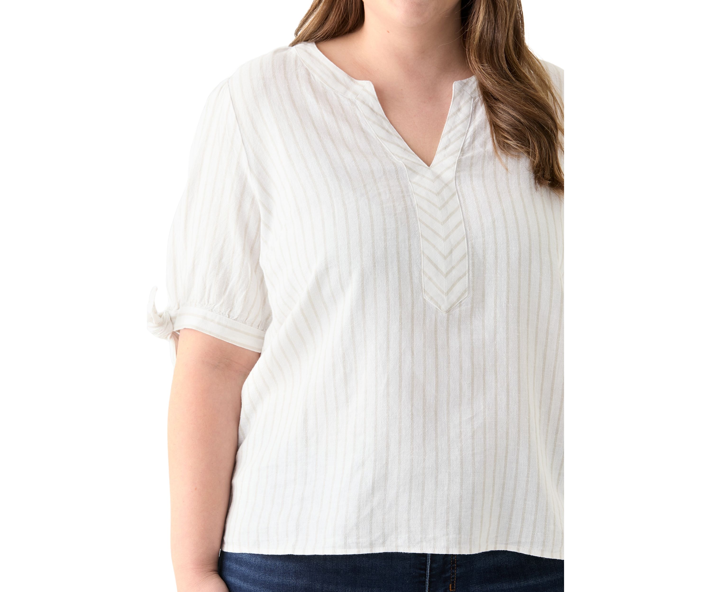 Plus Size Elbow Sleeve Tie Detail Linen Top 