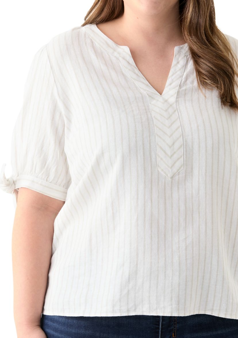 Plus Size Elbow Sleeve Tie Detail Linen Top 