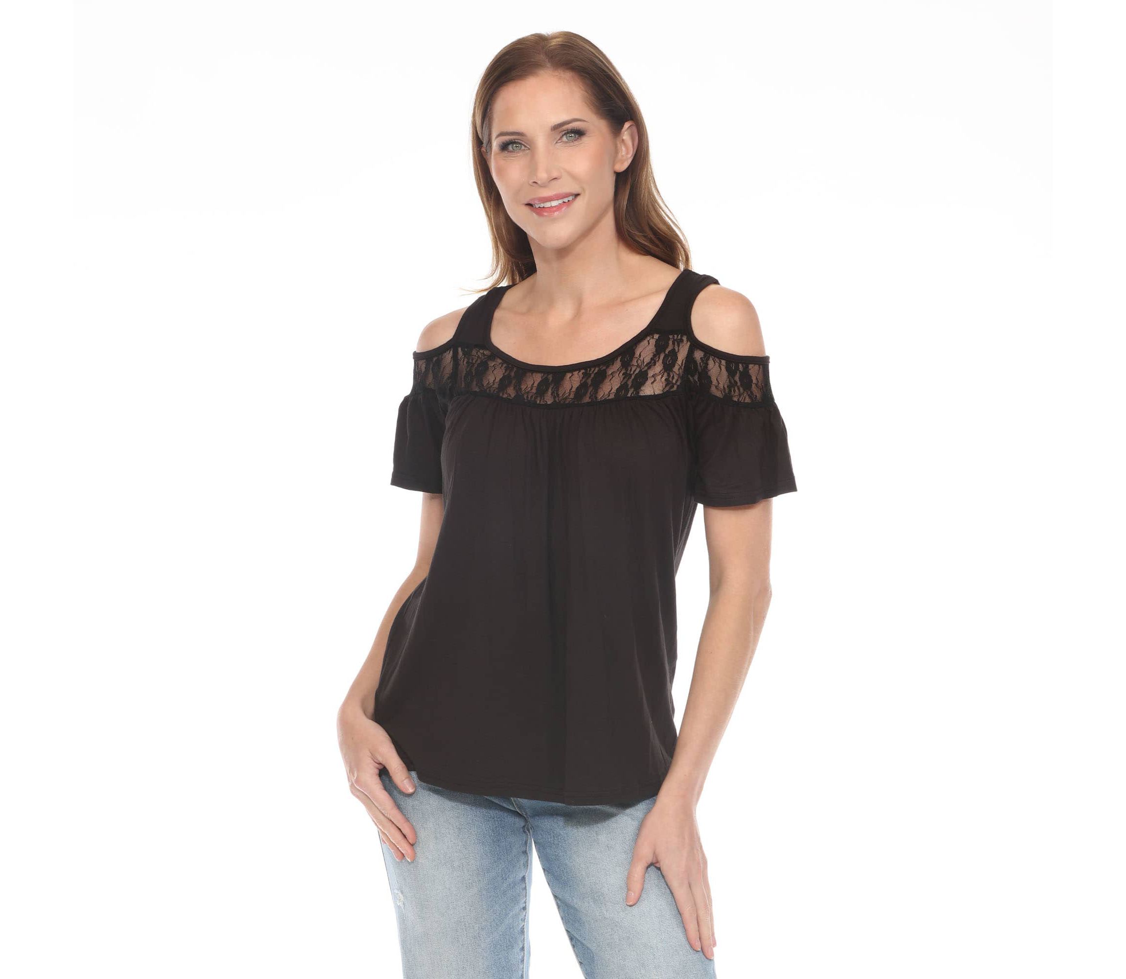 Womens Cold Shoulder Lace Trim Knit Top