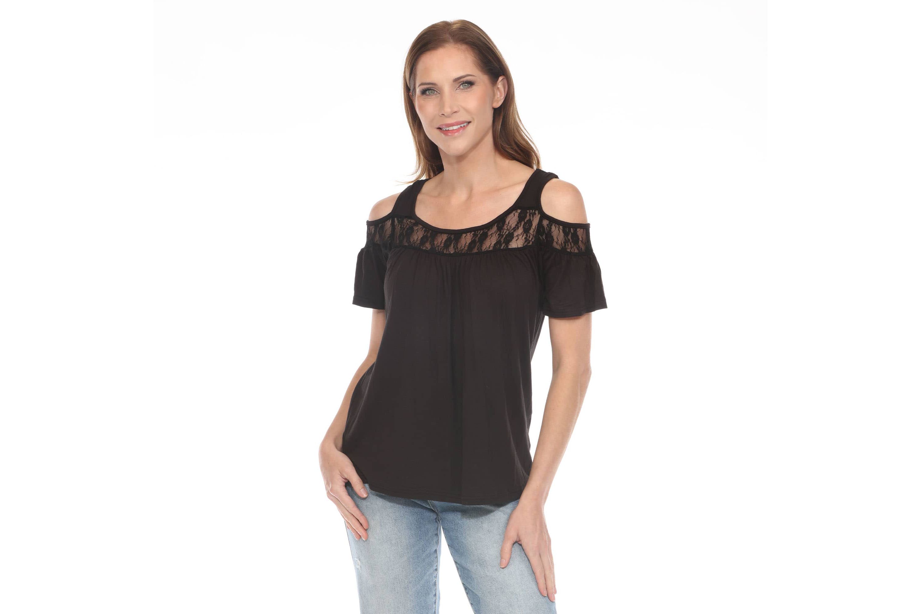 Womens Cold Shoulder Lace Trim Knit Top