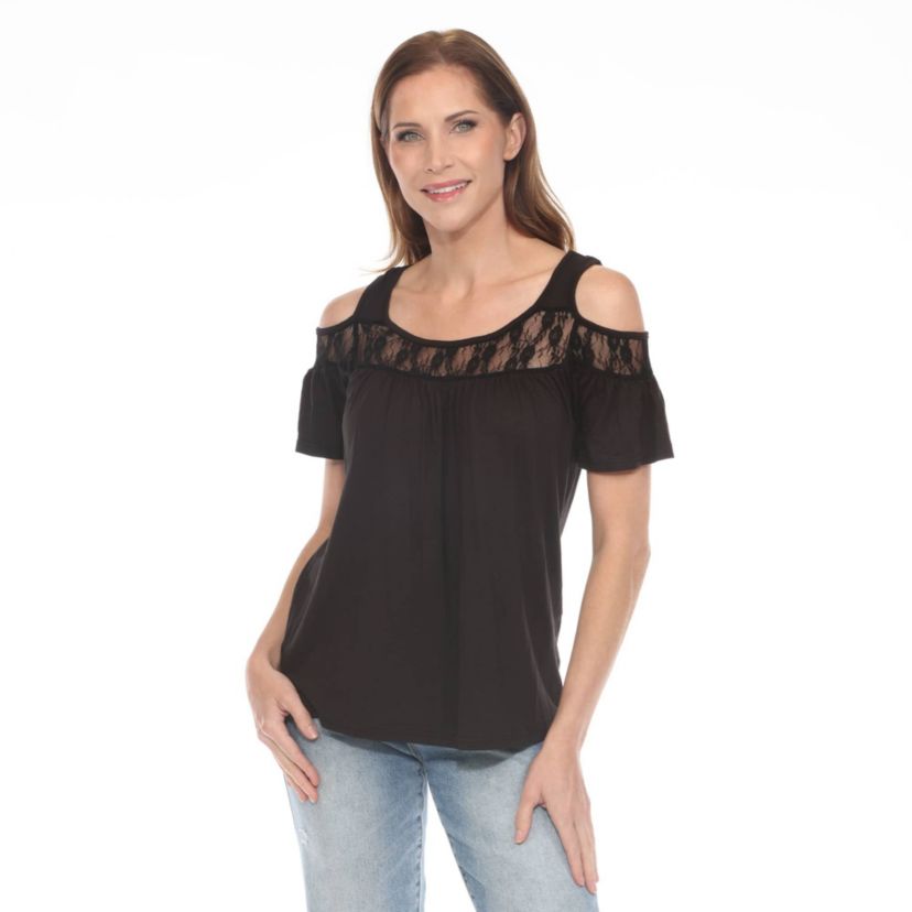 Womens Cold Shoulder Lace Trim Knit Top