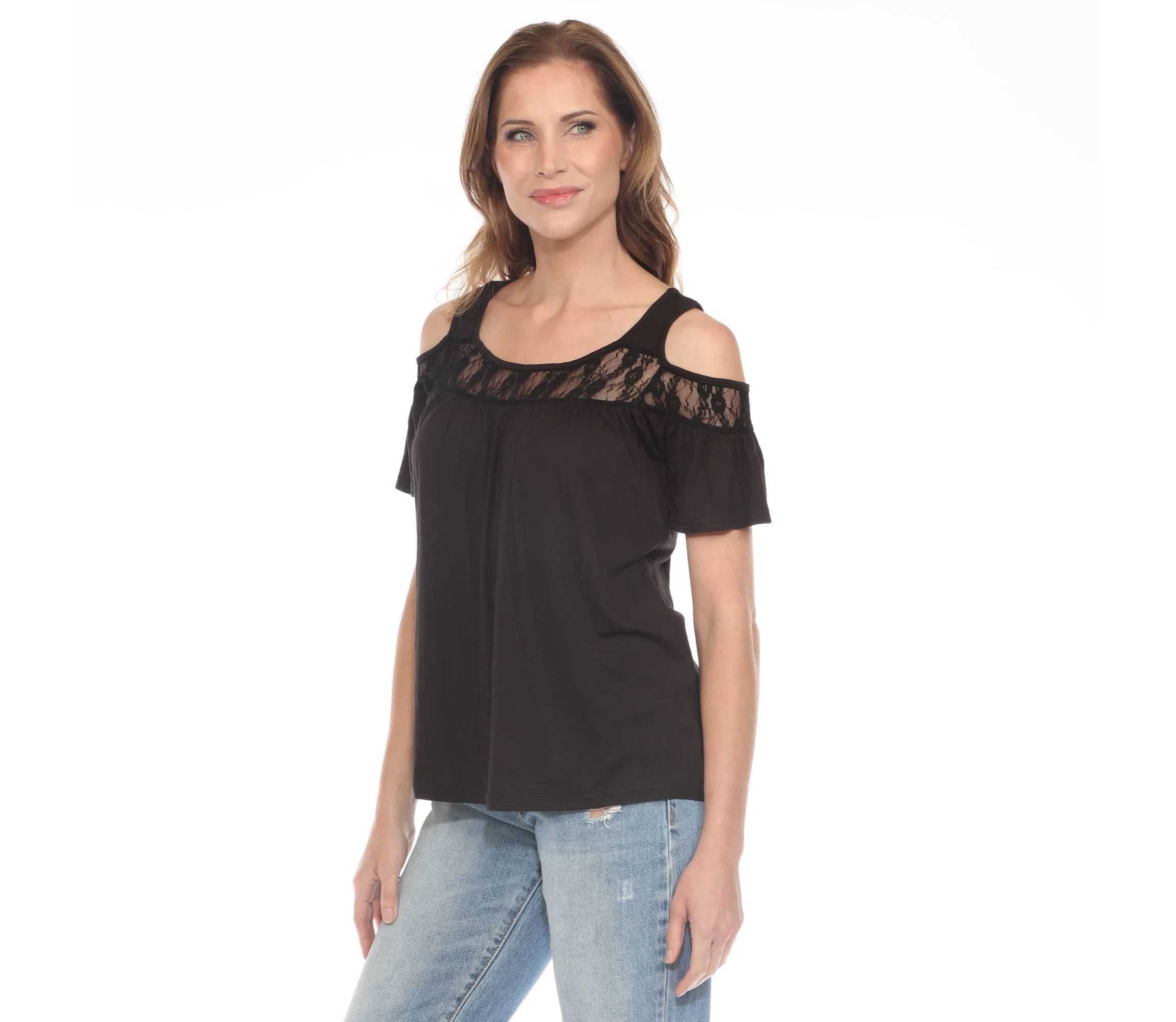 Womens Cold Shoulder Lace Trim Knit Top