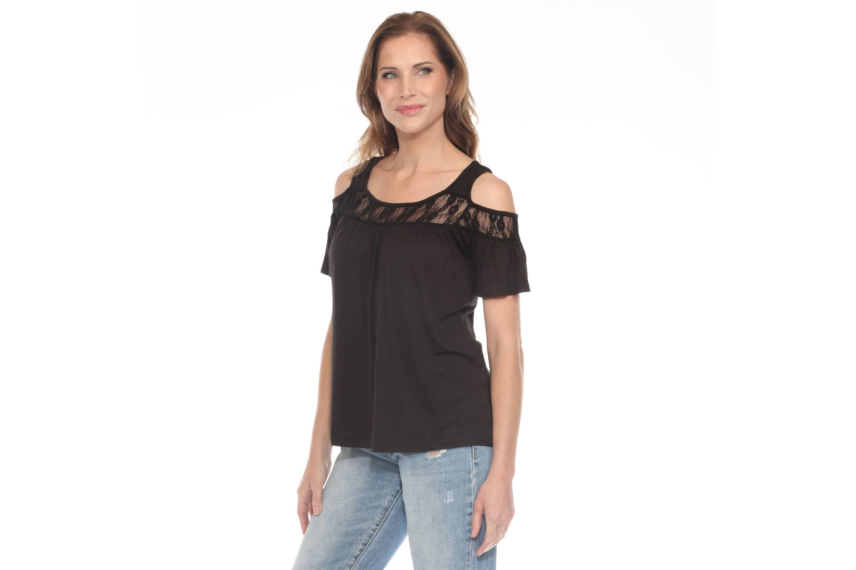 Womens Cold Shoulder Lace Trim Knit Top