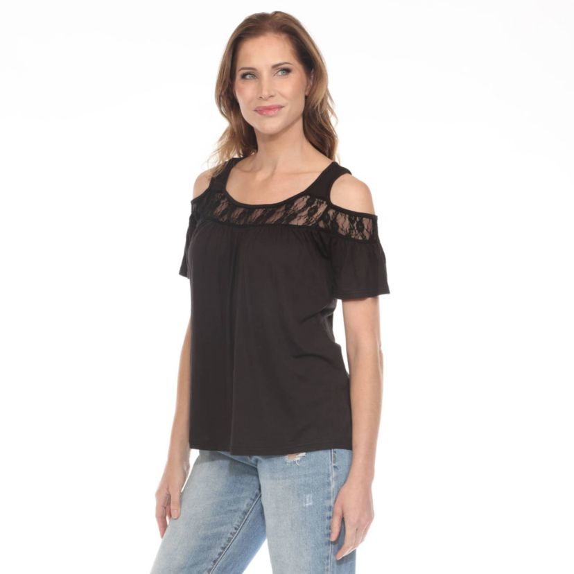 Womens Cold Shoulder Lace Trim Knit Top