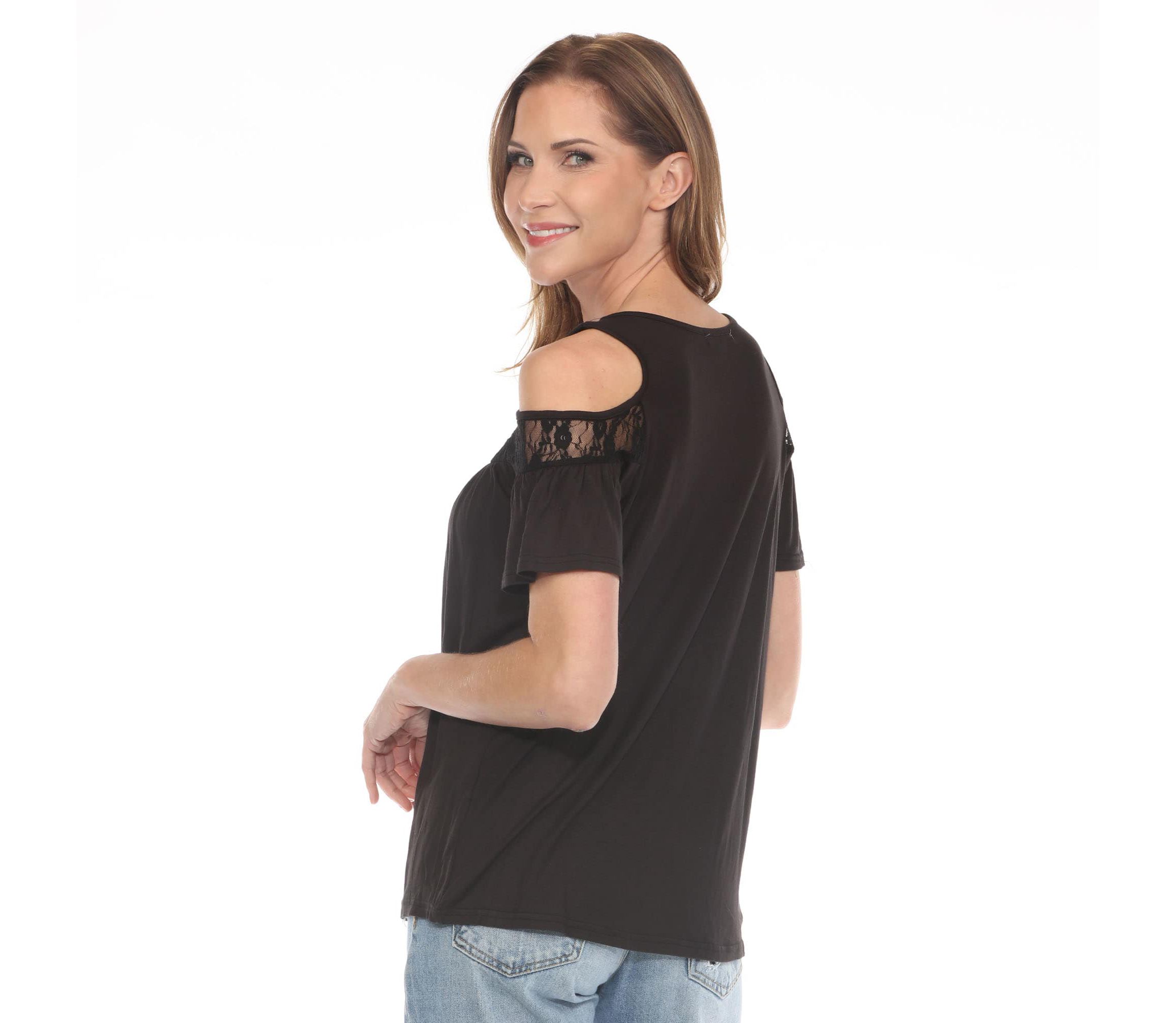 Womens Cold Shoulder Lace Trim Knit Top