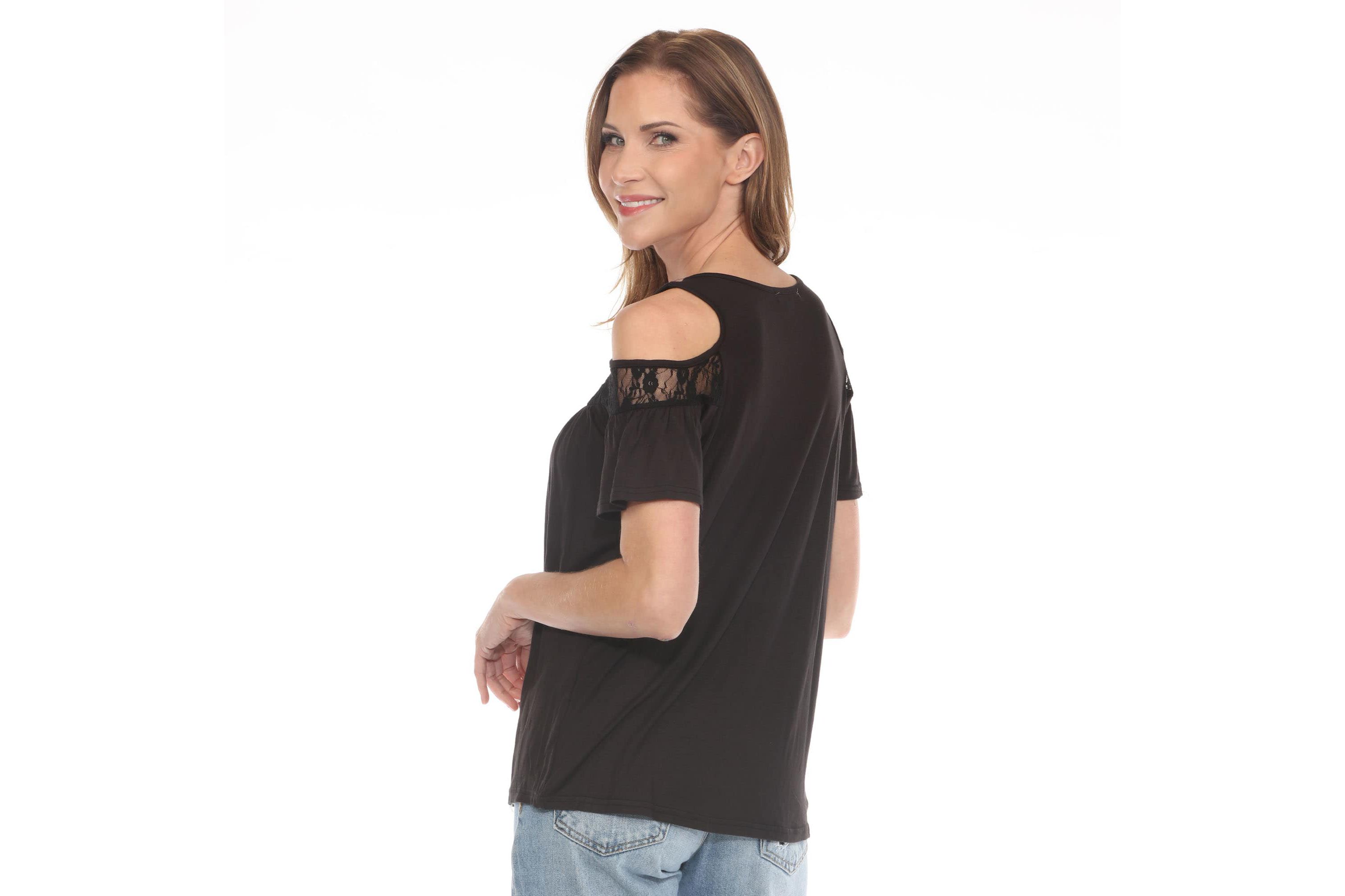 Womens Cold Shoulder Lace Trim Knit Top