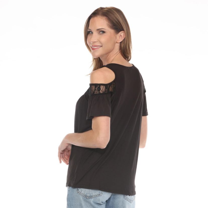 Womens Cold Shoulder Lace Trim Knit Top
