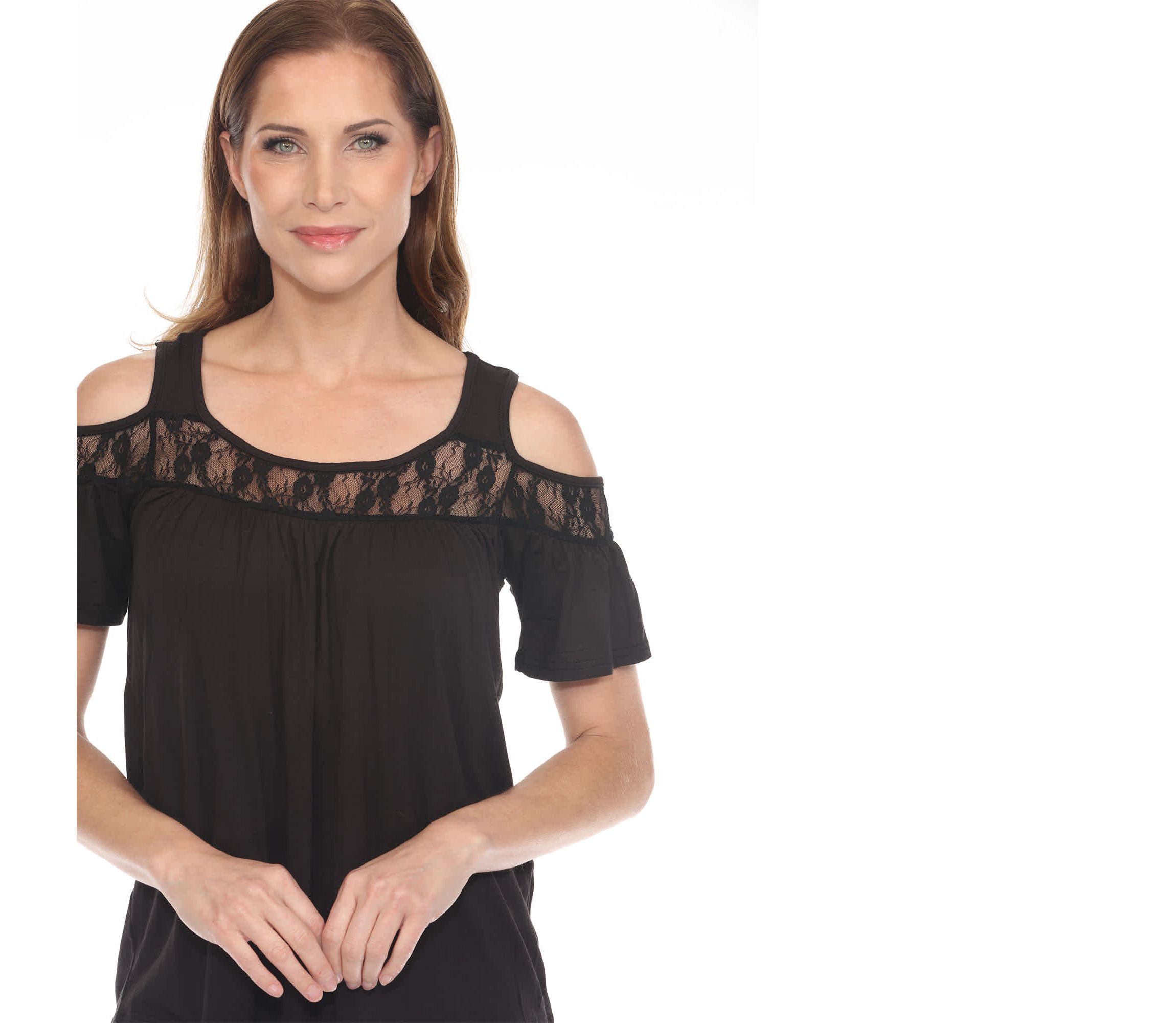 Womens Cold Shoulder Lace Trim Knit Top