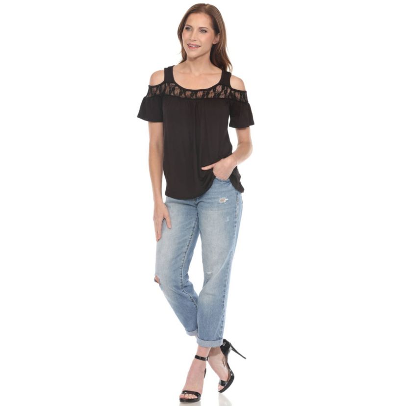 Womens Cold Shoulder Lace Trim Knit Top