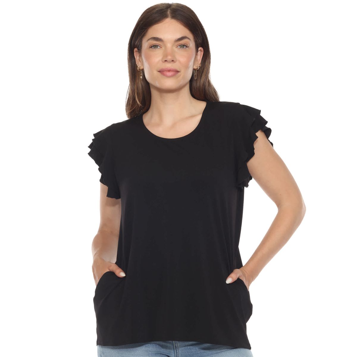 Womens Ruffle Sleeve Solid Top