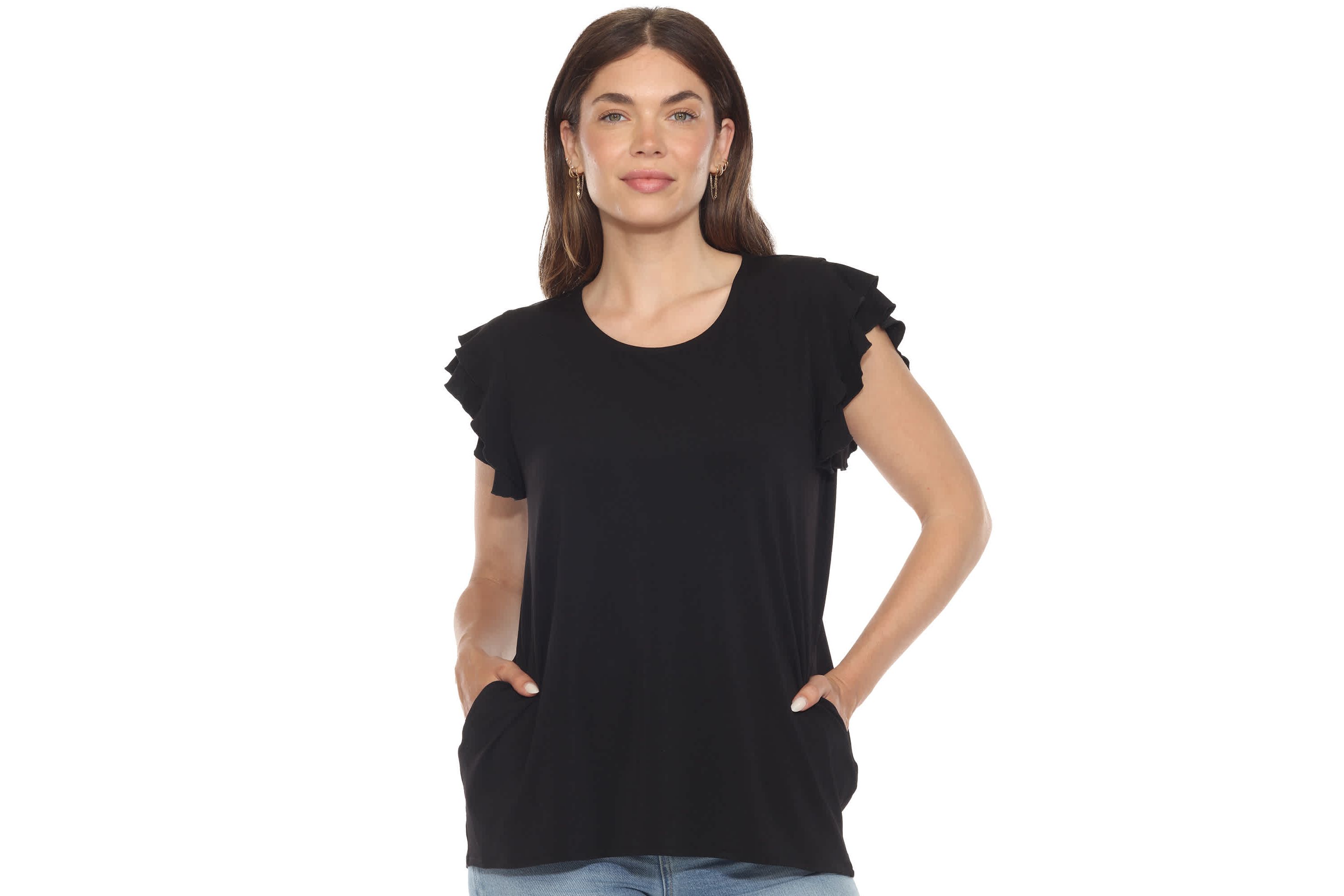Womens Ruffle Sleeve Solid Top