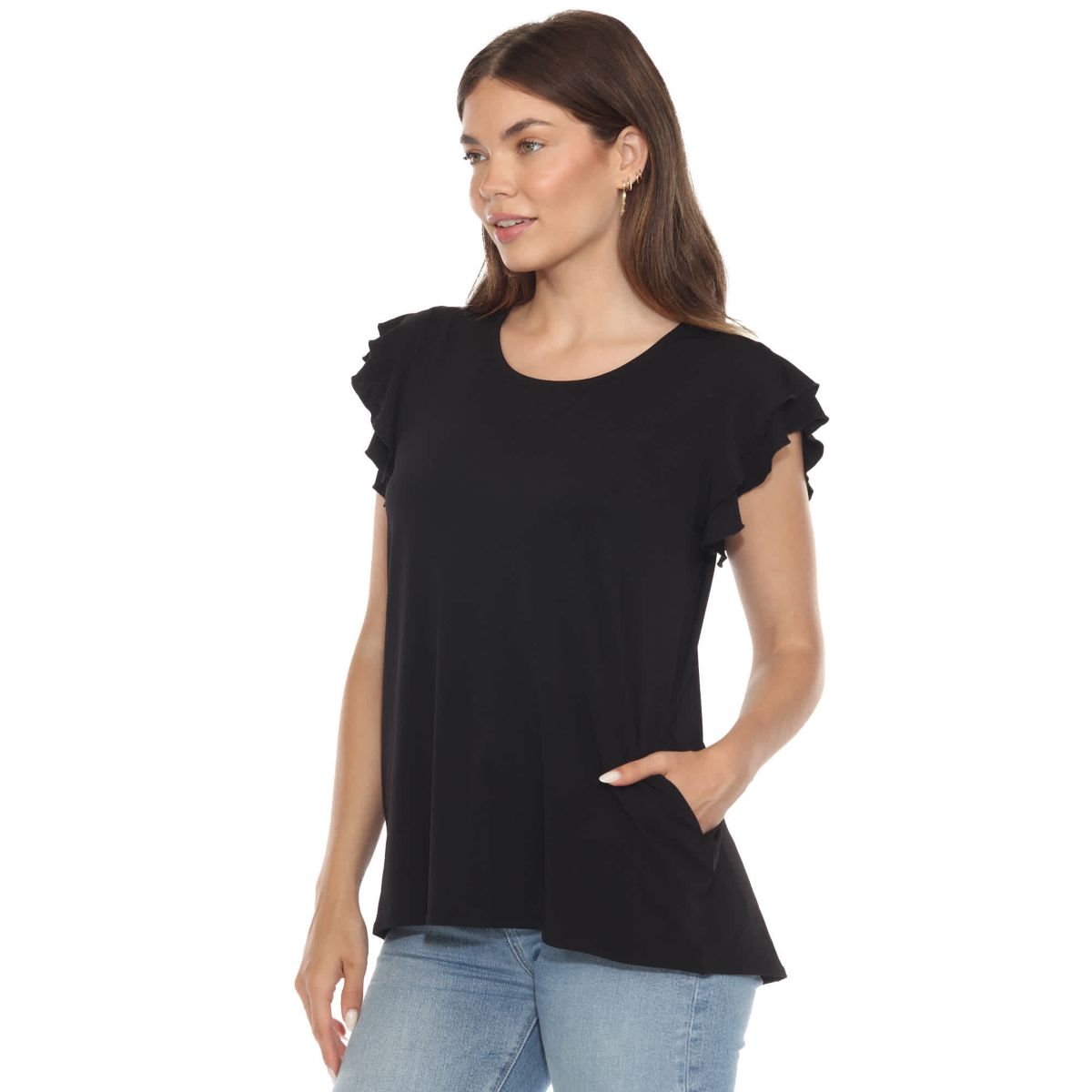 Womens Ruffle Sleeve Solid Top