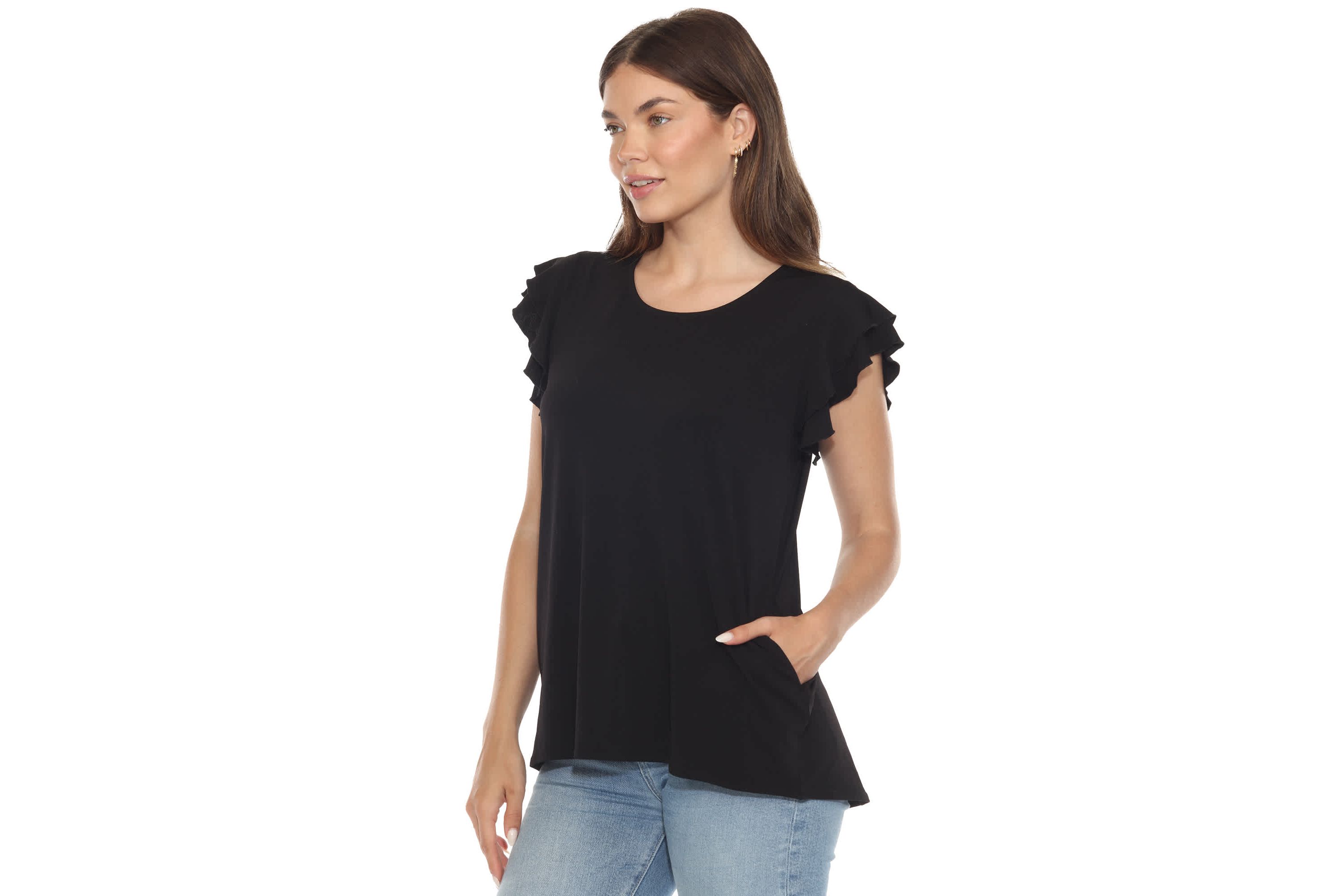 Womens Ruffle Sleeve Solid Top