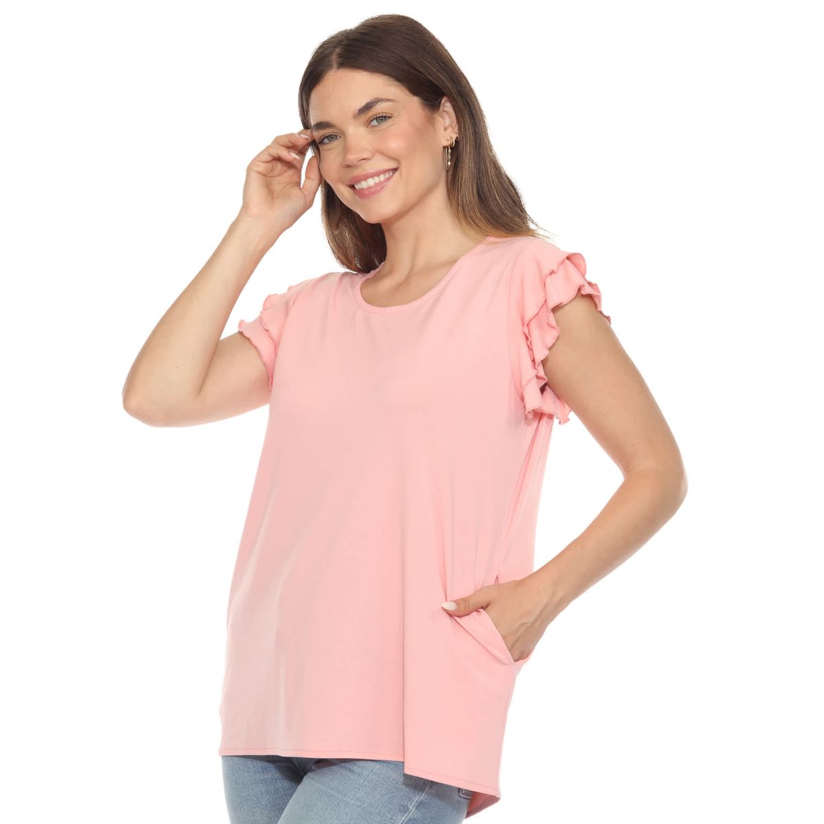 Womens Ruffle Sleeve Solid Top