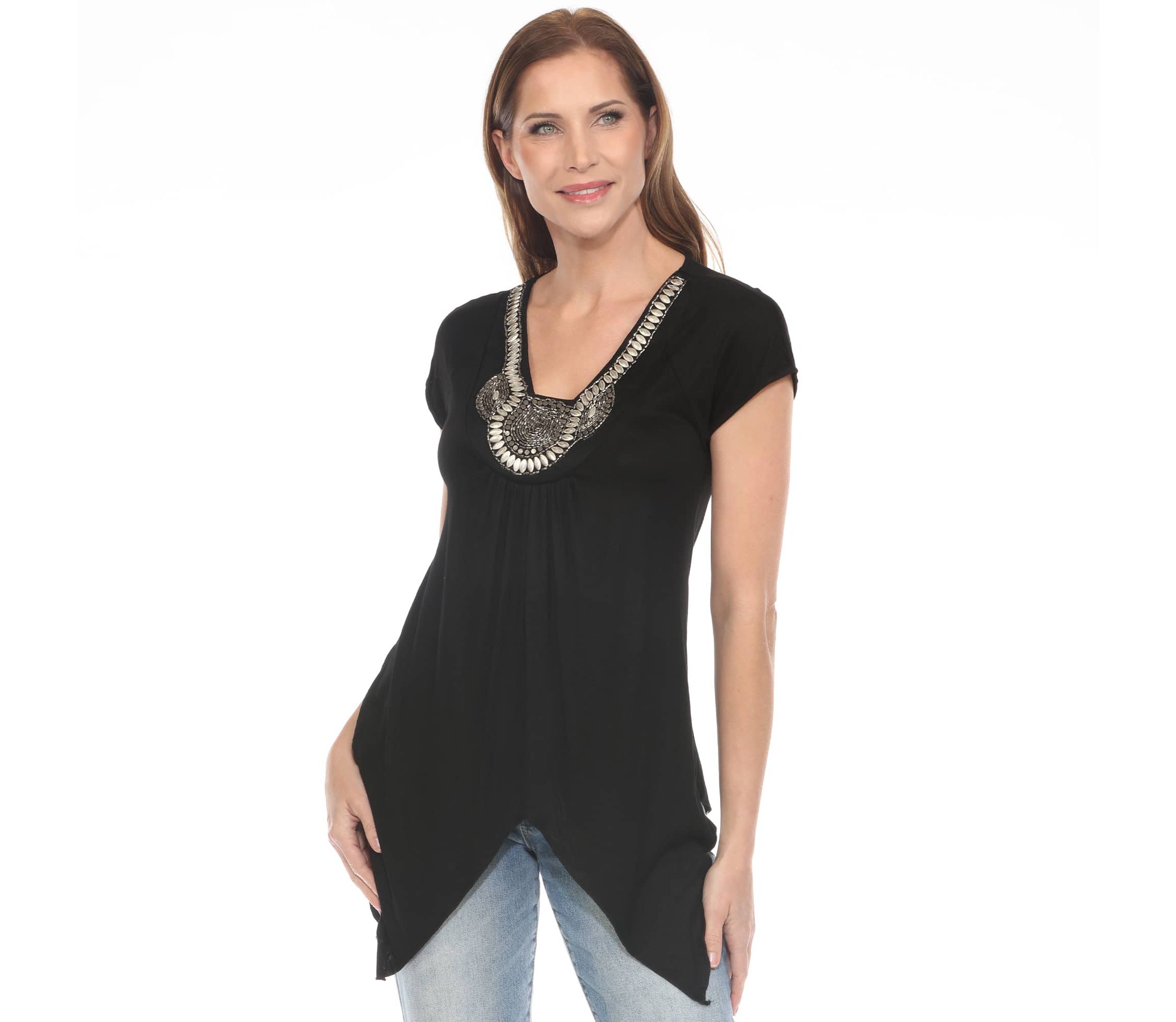 Womens Beaded Angled Hem Knit Top