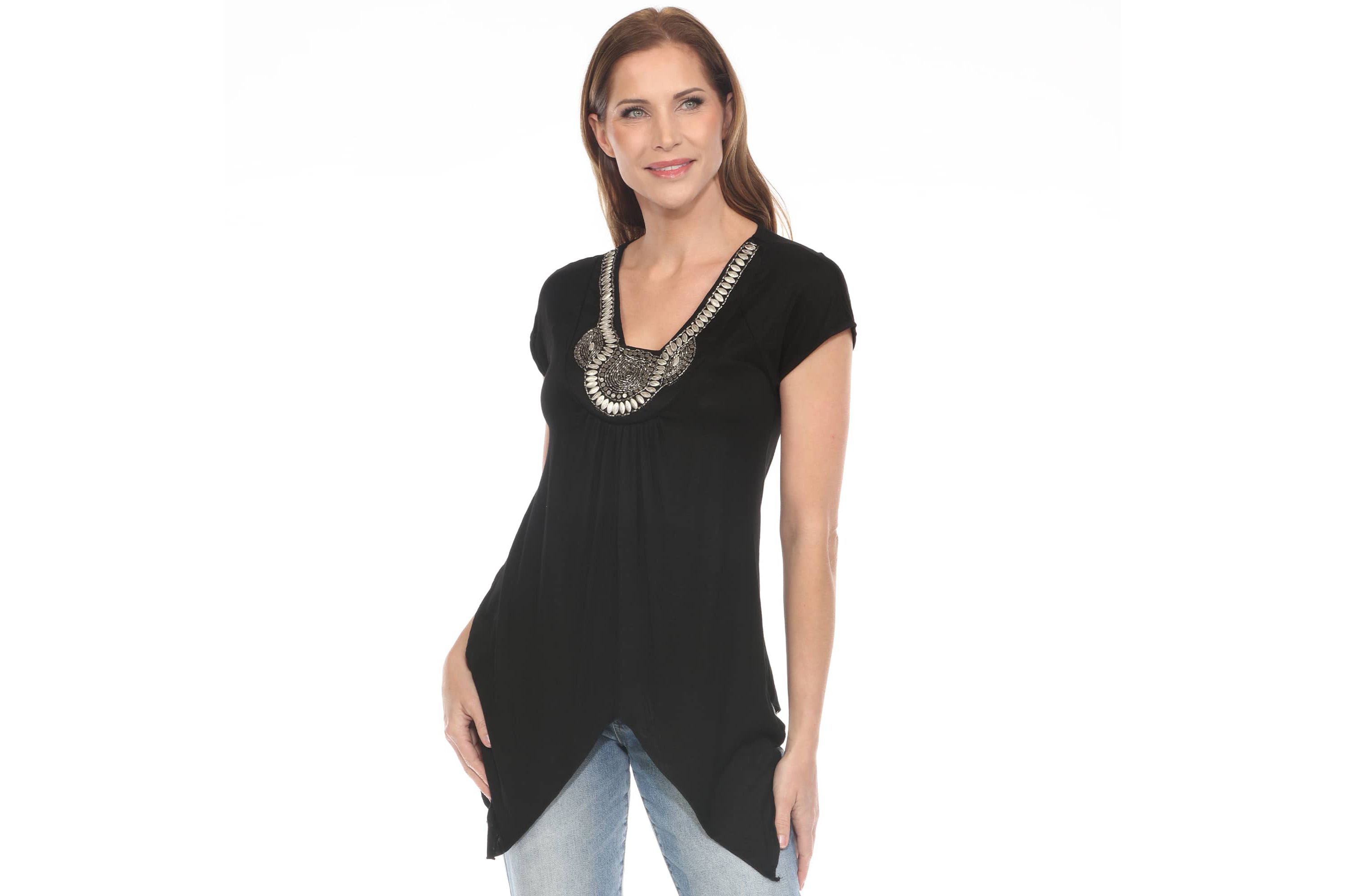 Womens Beaded Angled Hem Knit Top