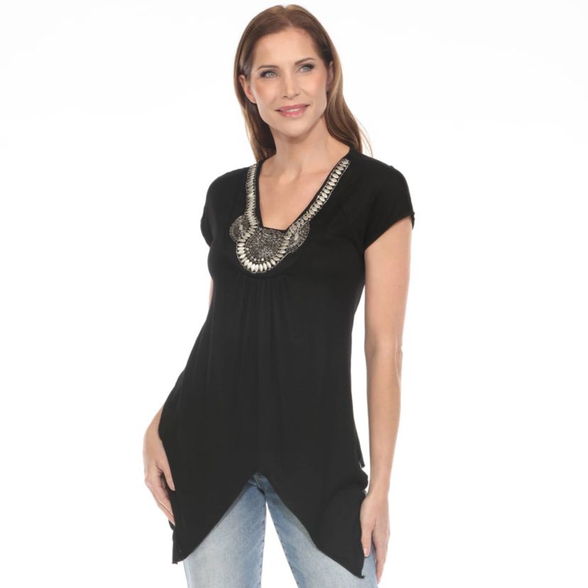 Womens Beaded Angled Hem Knit Top