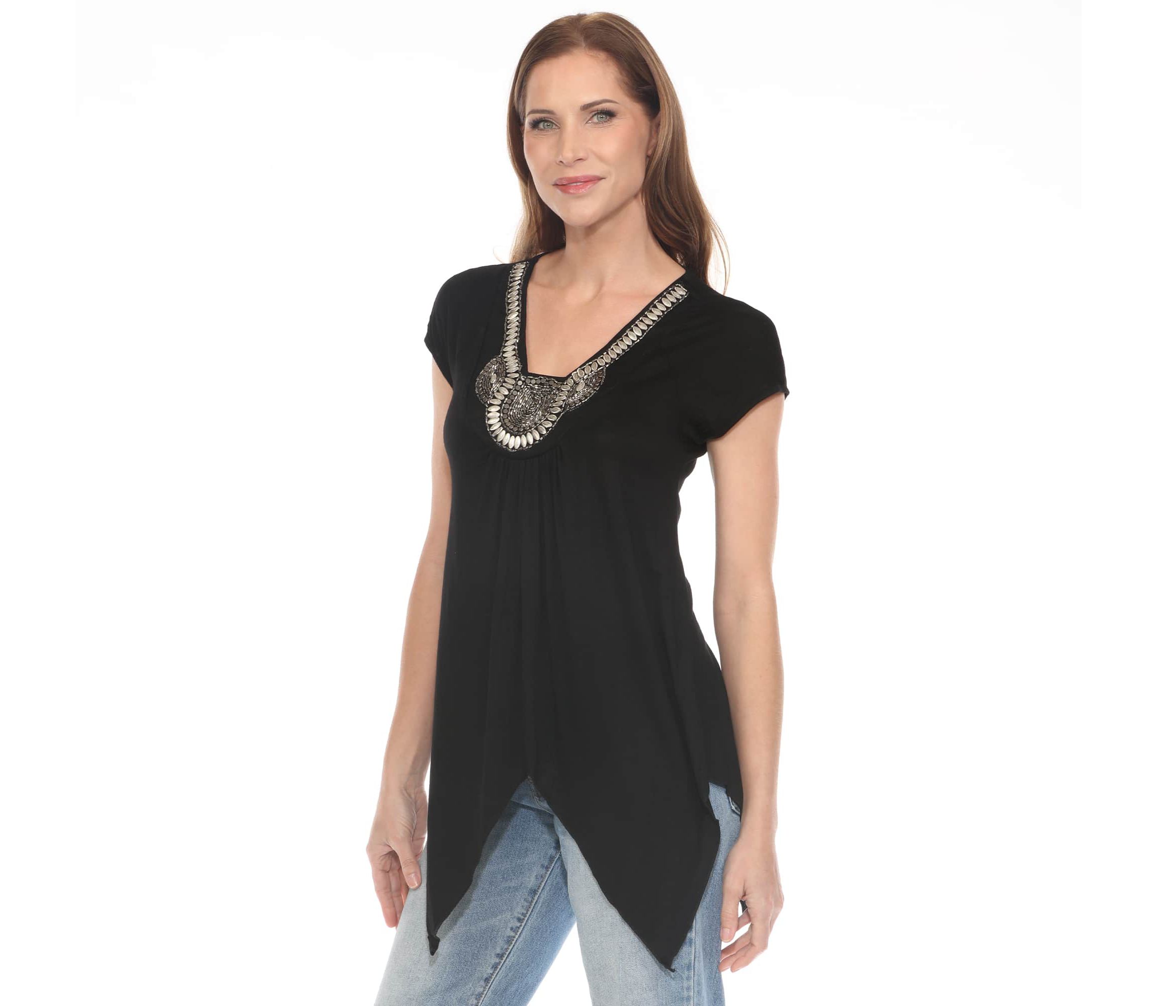 Womens Beaded Angled Hem Knit Top