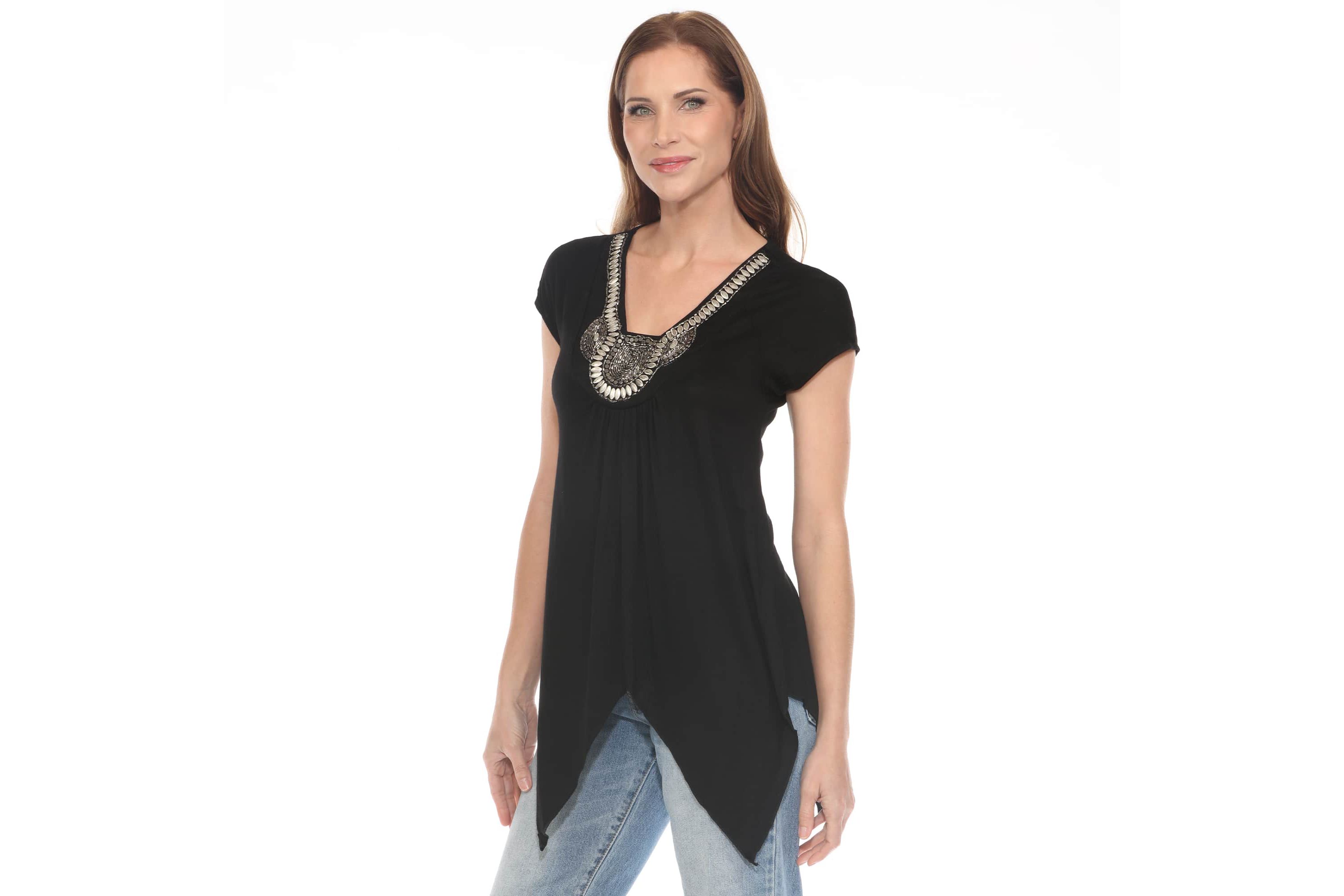Womens Beaded Angled Hem Knit Top
