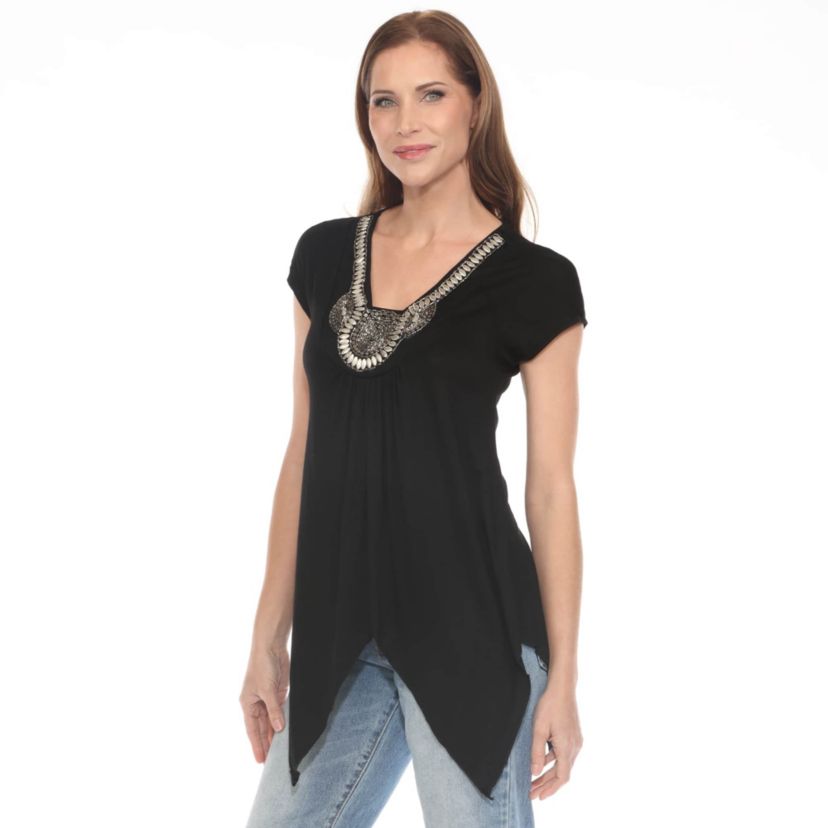 Womens Beaded Angled Hem Knit Top