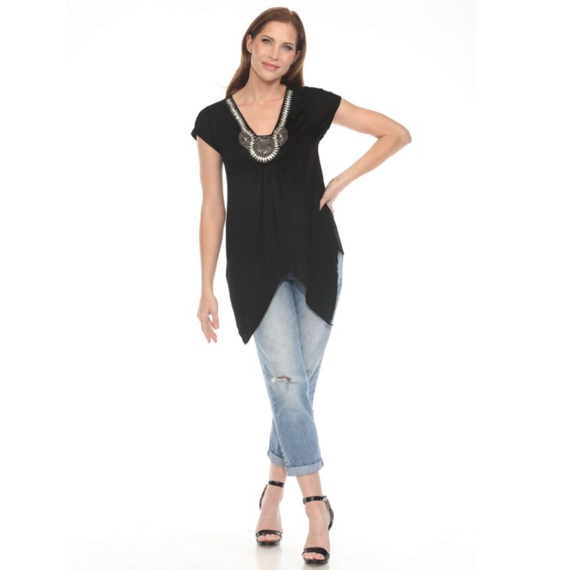 Womens Beaded Angled Hem Knit Top