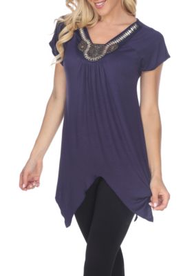 White Mark Women's Fenella V Neck Embellished Tunic, Navy Blue, Small