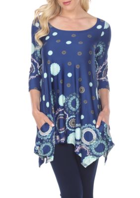 White Mark Women's Erie 3/4 Sleeve Printed Tunic, Blue, XL