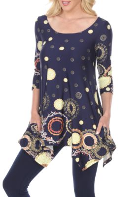 White Mark Women's Erie 3/4 Sleeve Printed Tunic, Navy Blue, XL