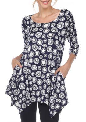 White Mark Women's Printed Geometric Circle Tunic Top, Navy Blue, Large