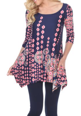 White Mark Women's Rella 3/4 Sleeve Printed Tunic, Navy Blue, XL
